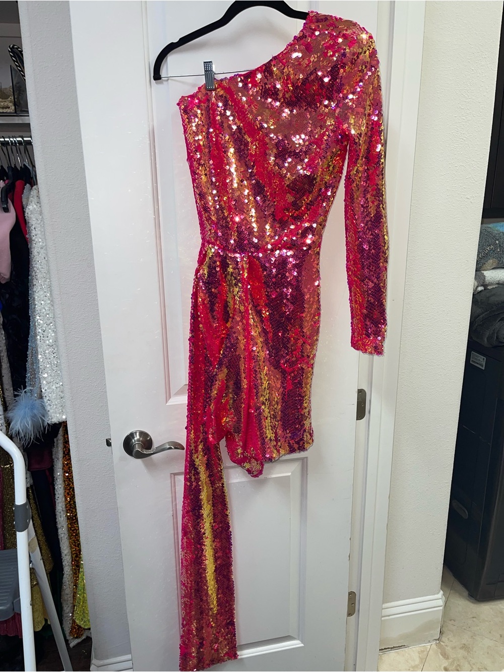 NADINE MERABI One-Shoulder Sequin Mini Dress in Hot Pink and Gold